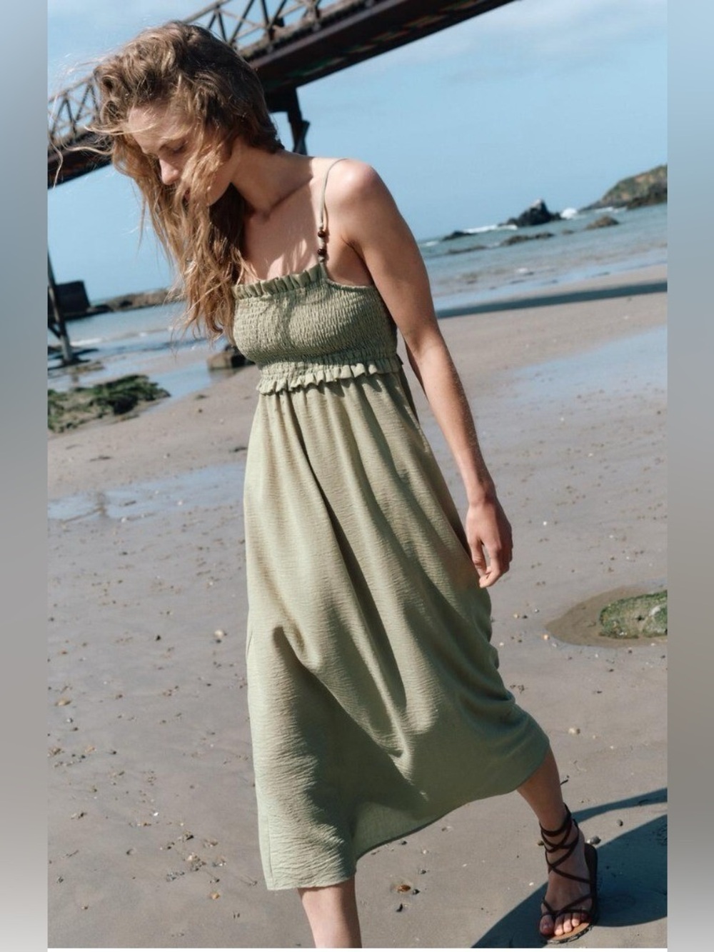 ZARA Khaki Midi Dress With Smocked Detail Bead Appliqués Strappy 4387/047 Size S